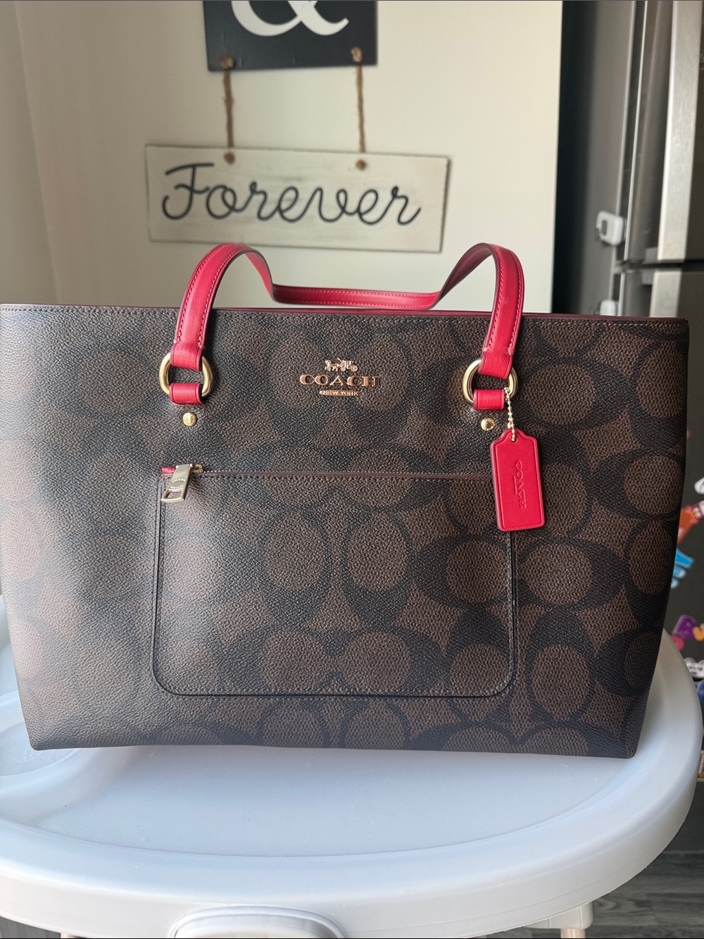 COACH Station Tote Bag Brown Signature Canvas with Red Leather Handles